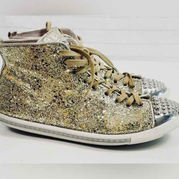 Miu Miu Gold Glitter Studded Sneakers - Picture 9 of 15